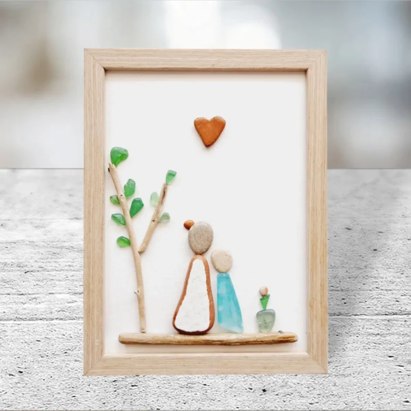 Handmade Gift for Mom | Sea Glass Pebble Art Picture Frame Mommy and 1 kid | Sea Glass Art | Crea Gifts