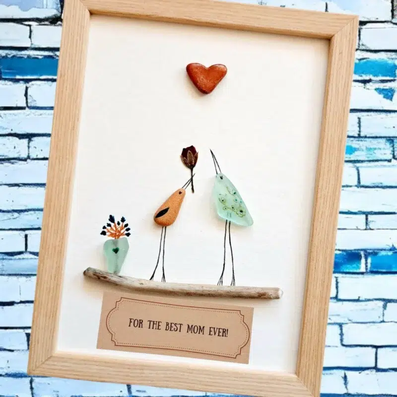 Handmade Gift for Mom of one | Sea Glass Pebble Art Picture Frame Birds Mommy and 1 kid | Sea Glass Art | Crea Gifts