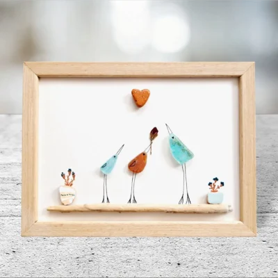 Handmade Gift for Mom of two | Sea Glass Pebble Art Picture Frame Birds Mommy and 2 kids | Sea Glass Art | Crea Gifts Art