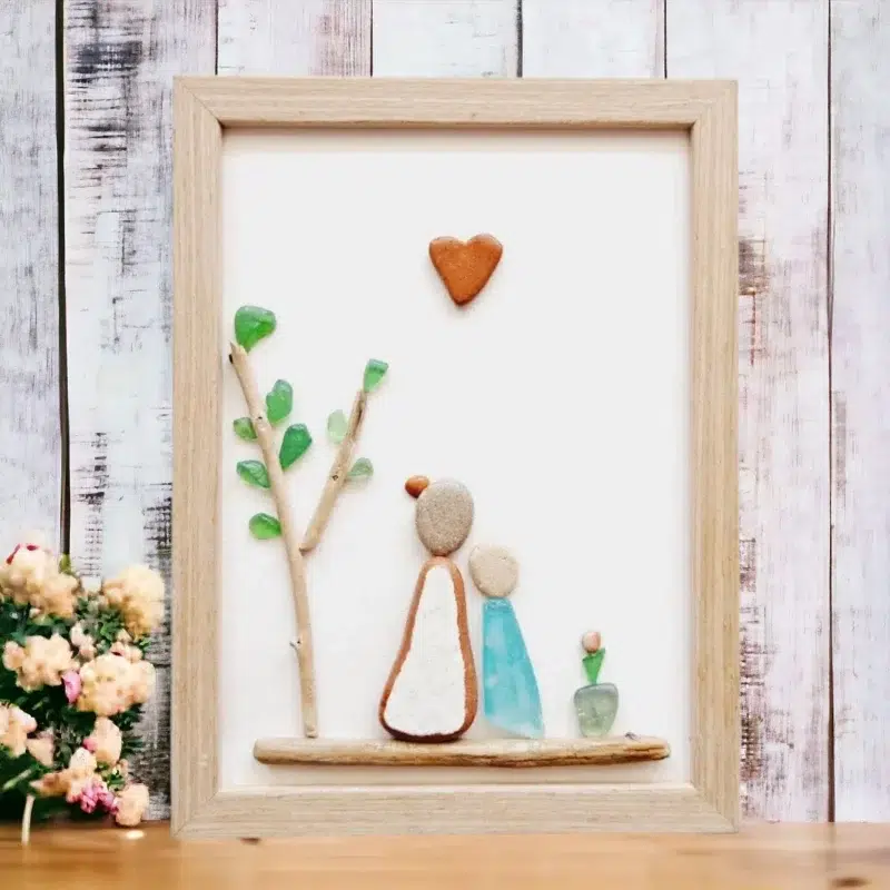 Handmade Gift for Mom | Sea Glass Pebble Art Picture Frame Mommy and 1 kid | Sea Glass Art | Crea Gifts